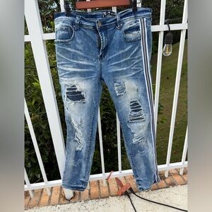 PREME Jeans 36x32 Distressed Denim Side Stripe Stretch Skinny Streetwear